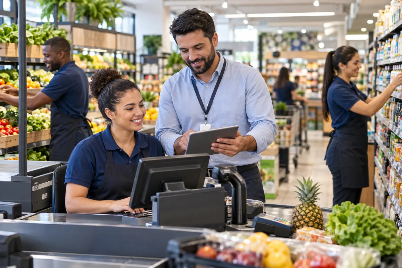 Equipe trabalhando em um supermercado